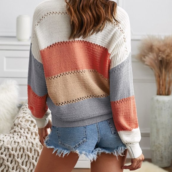 Gray Color Block Deep V Neck Wrap Sweater - Picture 3 of 7